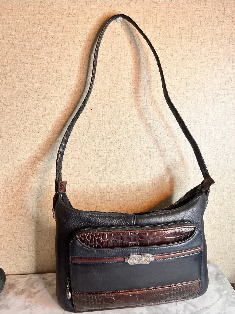 Brighton Black and Brown Croc-Accent Leather Messenger Bag